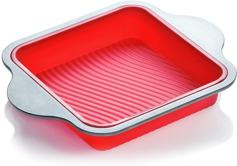 Boxiki Kitchen Non-Stick Silicone 8x8 Square Cake and Brownie Pan with Easy Grip Steel Frame Handles - Easy to Release, Oven & Dishwasher Safe - Image 1